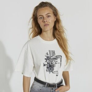 NWT IKKS Ecru Cotton Boxy Graphic T Shirt sz M